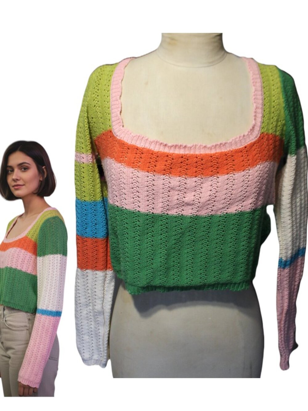 LA Hearts PacSun Crochet Knit Crop Sweater Top Striped Colorblock Y2K M